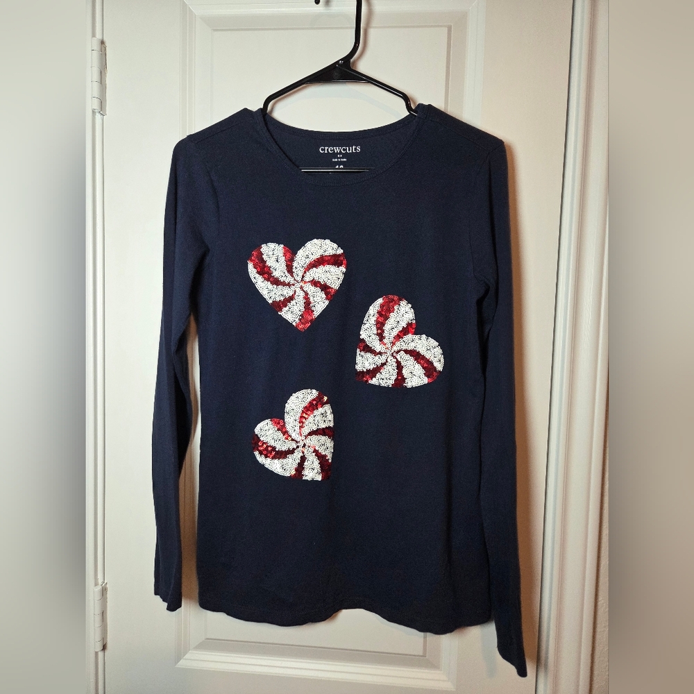 J.CREW FACTORY CREW CUTS SIZE 16  NAVY BLUE PEPERMINT CANDY HEART SEQUIN TOP